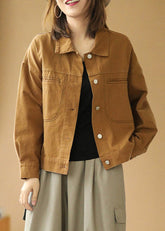 Lässiger gelber Baumwoll-Jeansmantel mit Peter-Pan-Kragen und Patchwork